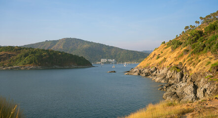 Landscape view mountain seaside during sunset.