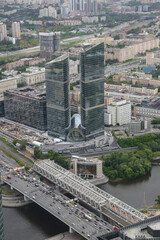 Aerial view of  city Moscow in summer. Form from the observation platform of the business center of Federation Tower Moscow City.  Photography from a height of 374 meters.