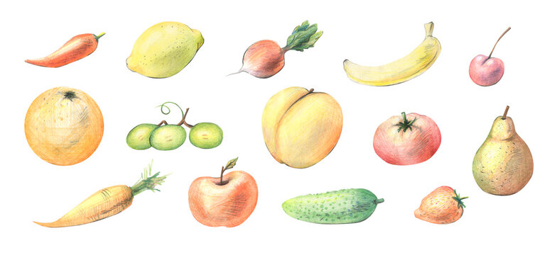 Colored pencil illustration of a set of various fruits, vegetables and berries. Graphic drawing, children's. For children's printing, textiles.