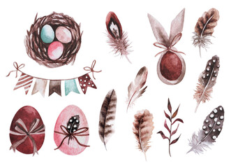 Set of isolated watercolor easter elements on white background.
