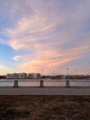 Fototapeta na wymiar Neva river at the sunset time, riverside, purple sunset 