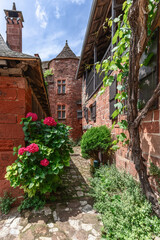 Fototapeta na wymiar Backyard of ancient Collonges-la-Rouge rich in vegetation: rhododendrons, ivy, indoor cypress and grapevine, with ornamented chimney. New Aquitaine, France