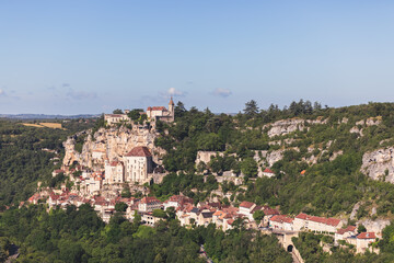 Rocky bank of Alzou river and ancient commune of Rocamadour in Lot department in Southwestern France