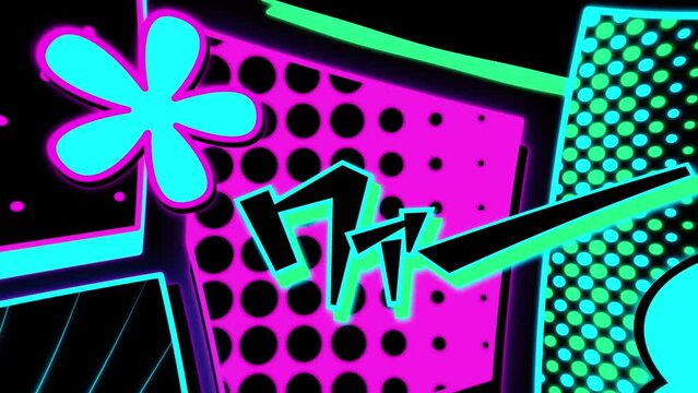 ポップでカラフルな漫画のコマ割りと日本語の効果音(擬音語)のアニメーション　ネオン　ループ