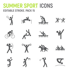 Summer sport glyph icon set, sport games collection, vector graphics, logo illustrations, summer sport vector icons, fitness signs, solid pictograms, editable stroke
