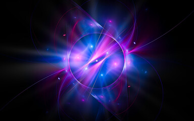 abstract illustration background image fantastic universe with a bright flash of light emanating from inside and many quasar stars in blue, lilac color