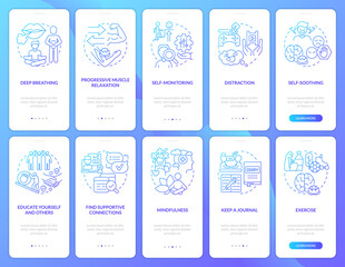 Coping with PTSD blue gradient onboarding mobile app screen set. Trauma walkthrough 5 steps graphic instructions pages with linear concepts. UI, UX, GUI template. Myriad Pro-Bold, Regular fonts used