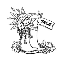 Gardening rubber boots with flowers bouquet and tag, spring garden tools, black and white, coloring book illustration, page