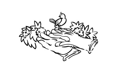 Obraz premium Gardening gloves with flowers and bird, spring garden tools, black and white, coloring book illustration, page
