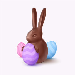 Realistic chocolate rabbit, bunny with purple, lilac, blue, pink eggs isolated on white background. Happy Easter poster. Vector illustration for card, party, design, flyer, banner, web, advertising.