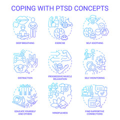 Coping with PTSD blue gradient concept icons set. Mental health. Psychotherapy service idea thin line color illustrations. Isolated symbols. Editable stroke. Roboto-Medium, Myriad Pro-Bold fonts used