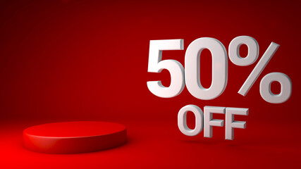 3d illustration. A beautiful red gradient background with podium and text 50% off.