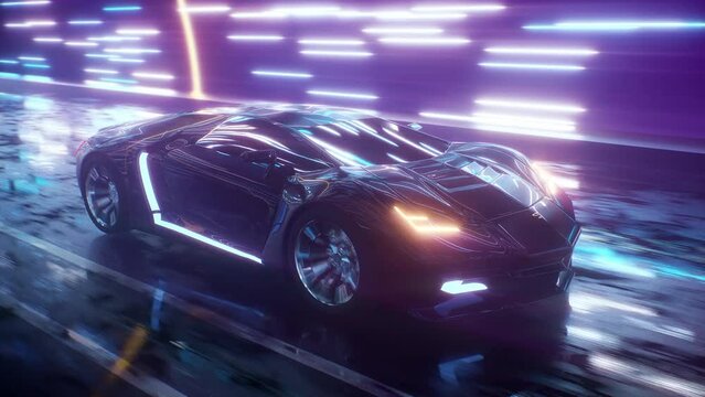 Supercar racing through glowing tunnel seamless loop. Futuristic sports car high speed drive with glowing neon background. 3D animation of technology, motion and future of transport concept. 4k 60 fps