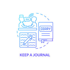 Keep journal blue gradient concept icon. Trauma overcoming way. Write your thoughts. Coping with PTSD abstract idea thin line illustration. Isolated outline drawing. Myriad Pro-Bold font used