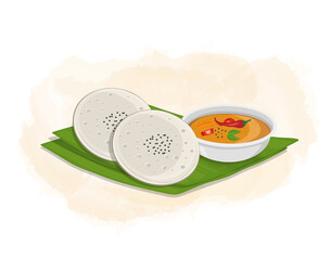 Idli Sambar south Indian food - vector illustration with banana leaf