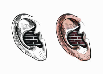 Isolated vector illustration of a human ear with Bricks wall inside of it. Creative conceptual drawing, sketch, design, artwork about blocked ear, who doesn't want to listen.