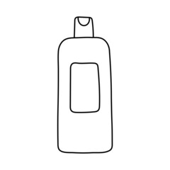 Cosmetics bottle with shampoo or balm. Hairdressing equipment line sketch.Hand drawn doodle icon. Vector illustration