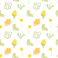 Seamless pattern, print texture for textiles with fruits and spots on a white background. Hand drawn fruits, plants, dots and lines in modern minimalist trendy style. Summer mood.