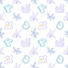 Seamless pattern, print texture for textiles with fruits and spots on a white background. Hand drawn fruits, plants, dots and lines in modern minimalist trendy style. Summer mood.