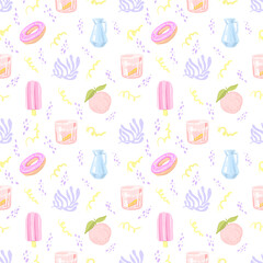 Seamless pattern, print texture for textiles with fruits and spots on a white background. Hand drawn fruits, plants, dots and lines in modern minimalist trendy style. Summer mood.