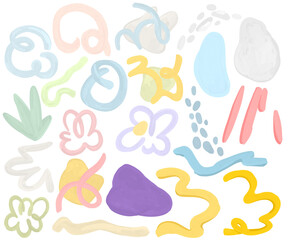 Set of abstract spots and fruits on a white background. Hand drawn fruits, plants, dots and lines in modern minimalist trendy style. Summer mood.