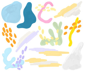Set of abstract spots and fruits on a white background. Hand drawn fruits, plants, dots and lines in modern minimalist trendy style. Summer mood.