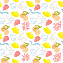 Seamless pattern, print texture for textiles with fruits and spots on a white background. Hand drawn fruits, plants, dots and lines in modern minimalist trendy style. Summer mood.