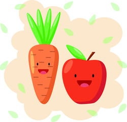 Happy red apple and funny orange carrot. Vector illustration.