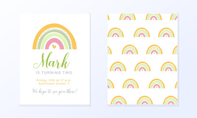 Birthday party invitation template with rainbow in pastel watermelon colors for a boy