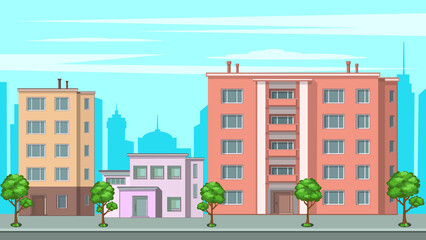 Urban landscape, apartment buildings and trees, cartoon style, vector illustration.