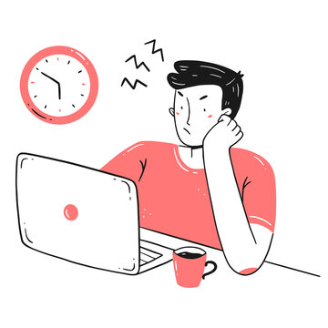 recommend clip art: Frustration at work. An agitated, irritated, exhausted young man does not have time for the deadline in line style. Vector concept illustration.