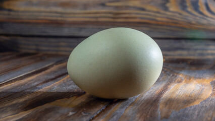 Araucana egg on wooden background. Light blue egg from Araucana chicken. Easter Festival concepts. Easter egg.