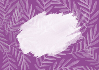 Purple Background with watercolor abstract white Splash. Colorful spring Background with white tropical leaves