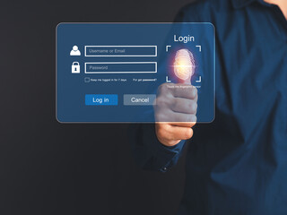 Young man scans fingerprint biometric identity to access personal data while standing over a gray background