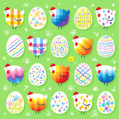 Happy Easter!  Collection of colorful decorative chickens and eggs. Isolated on green background. Greeting card in cartoon style. Vector flat illustration.