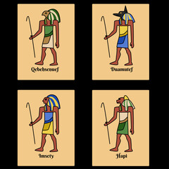 Ancient Egypt cards set, god Horus sons stylized images and names script. Four gods jackal, falcon, man, cynocephalus. Canopic jars guardians vector illustration