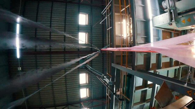 Production of agrofibre at the factory. Agrofibre on the conveyor line close-up. Agrofibre production process
