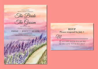 Hand painted of watercolor lavender field as wedding invitation template.