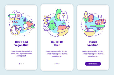 Varieties of vegan diet onboarding mobile app screen. Walkthrough 3 steps graphic instructions pages with linear concepts. UI, UX, GUI template. Myriad Pro-Bold, Regular fonts used