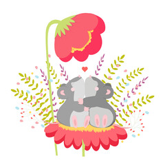 hugs of mice in the spring on a flower among the grass.