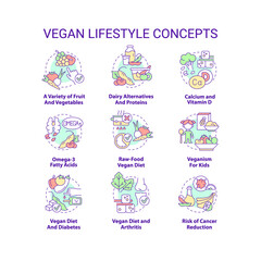 Fototapeta na wymiar Vegan lifestyle concept icons set. Plant based nutrition. Abstain animal product idea thin line color illustrations. Isolated symbols. Editable stroke. Roboto-Medium, Myriad Pro-Bold fonts used