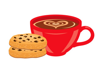 Cup of hot coffee and cookies icon set vector. Red mug with coffee and chocolate chip cookies icon vector isolated on a white background. Cup of cappuccino with heart shape and biscuits design element