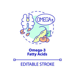 Omega three fatty acids concept icon. Vegan lifestyle. Source of nutrients abstract idea thin line illustration. Isolated outline drawing. Editable stroke. Arial, Myriad Pro-Bold fonts used