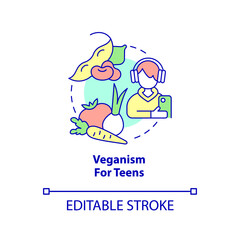 Veganism for teens concept icon. Essential nutrients for teenagers. Vegan lifestyle abstract idea thin line illustration. Isolated outline drawing. Editable stroke. Arial, Myriad Pro-Bold fonts used
