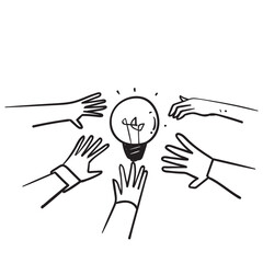 Fototapeta na wymiar hand drawn doodle hand holding bulb together symbol for team brainstorm icon illustration