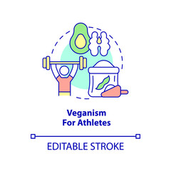Veganism for athletes concept icon. Diet plan for sportsmen. Vegan lifestyle abstract idea thin line illustration. Isolated outline drawing. Editable stroke. Arial, Myriad Pro-Bold fonts used