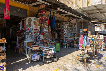 Fototapeta na wymiar The Souvenir shop selling souvenirs on Al-Bishara street near Church Of Annunciation in Nazareth, northern Israel
