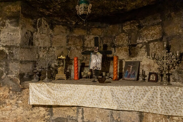 The altar in the underground of the Greek Orthodox Metropolitan of Nazareth, St. Georges Church in the old part of Nazareth, northern Israel