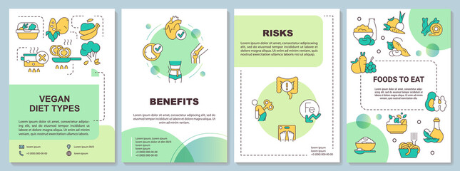 Fototapeta na wymiar Vegan lifestyle guide green brochure template. Plant based eating. Leaflet design with linear icons. 4 vector layouts for presentation, annual reports. Arial-Black, Myriad Pro-Regular fonts used