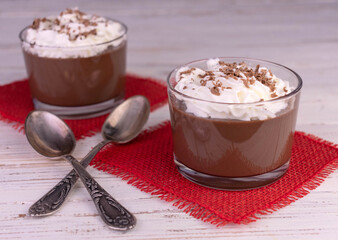 Chocolate dessert with whipped cream.	